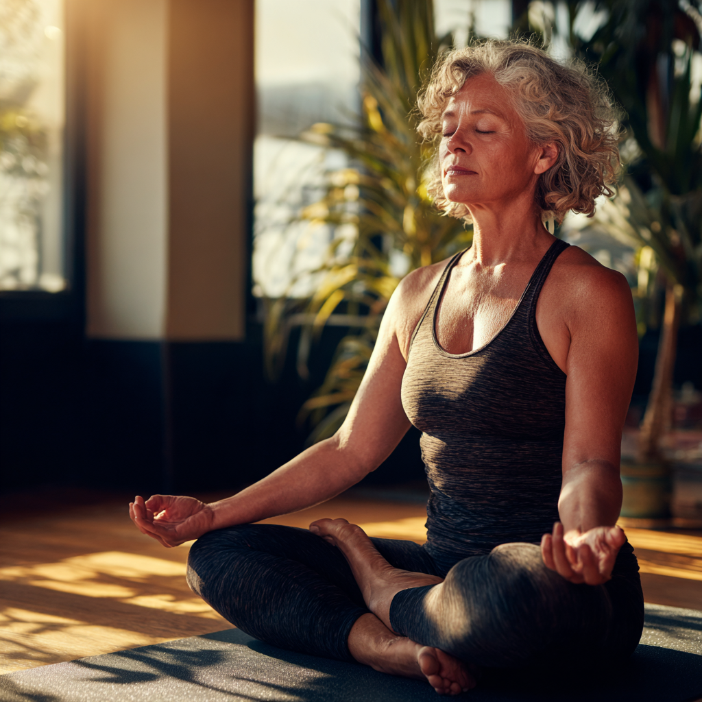 Mature woman practicing yoga stretches in peaceful studio environment